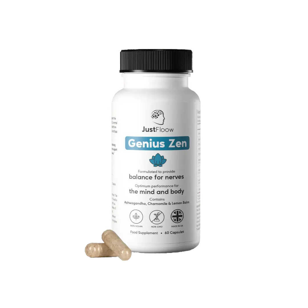 A white bottle of Justfloow Genius Zen Calm & Recovery food supplement against a plain background.