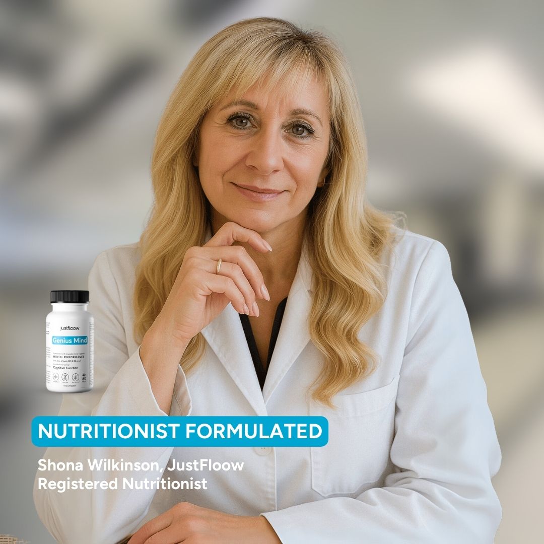 Person in a white coat with a supplement bottle and text overlay.