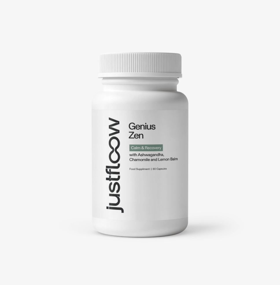 A white bottle of Justfloow Genius Zen Calm & Recovery food supplement against a plain background.