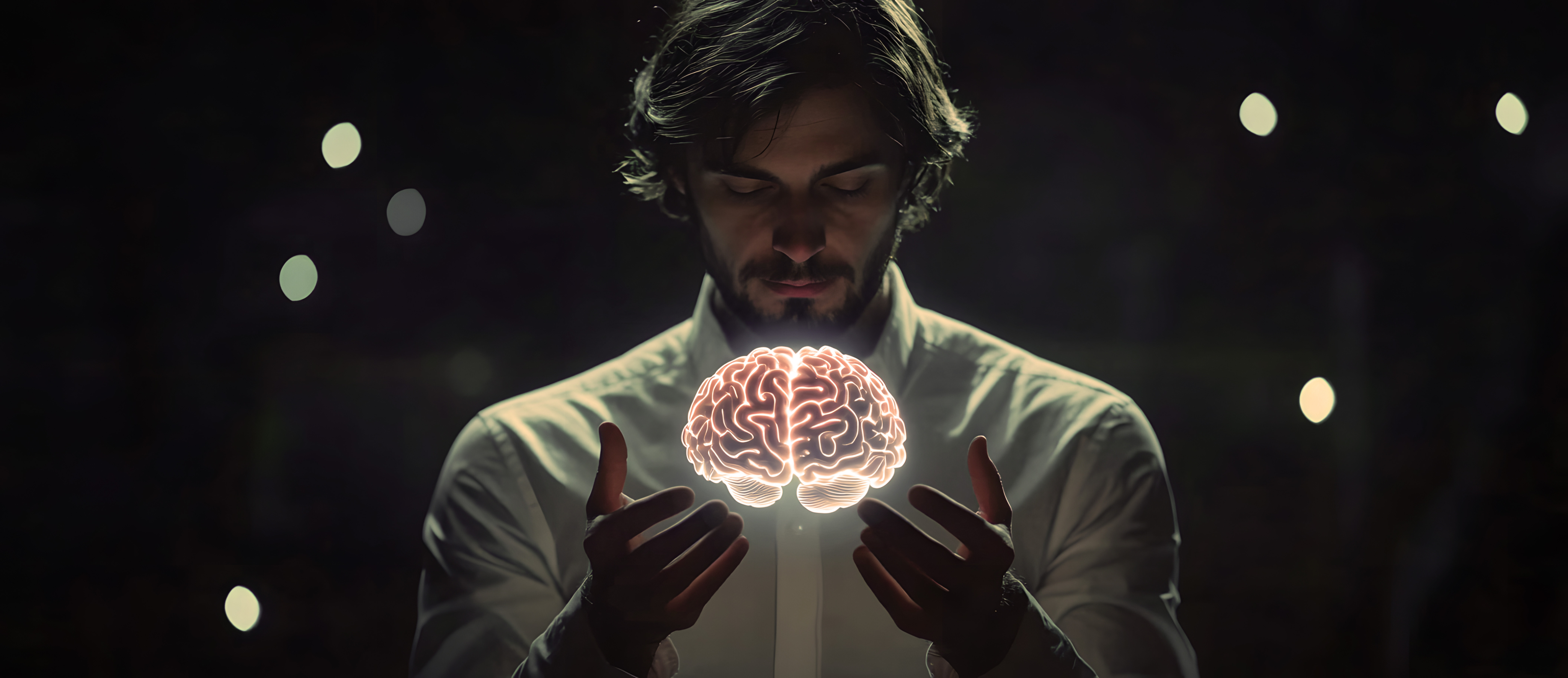 Person holding a glowing brain model in a dark setting.