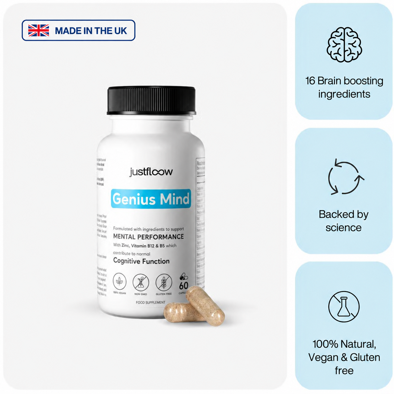 A bottle of Justfloow Genius Mind supplements with capsules, showcasing its benefits and 'Made in the UK' label.