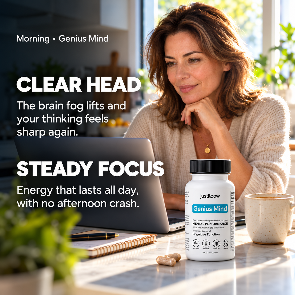 A woman looks at her laptop next to a bottle of Justfloow Genius Mind supplements.