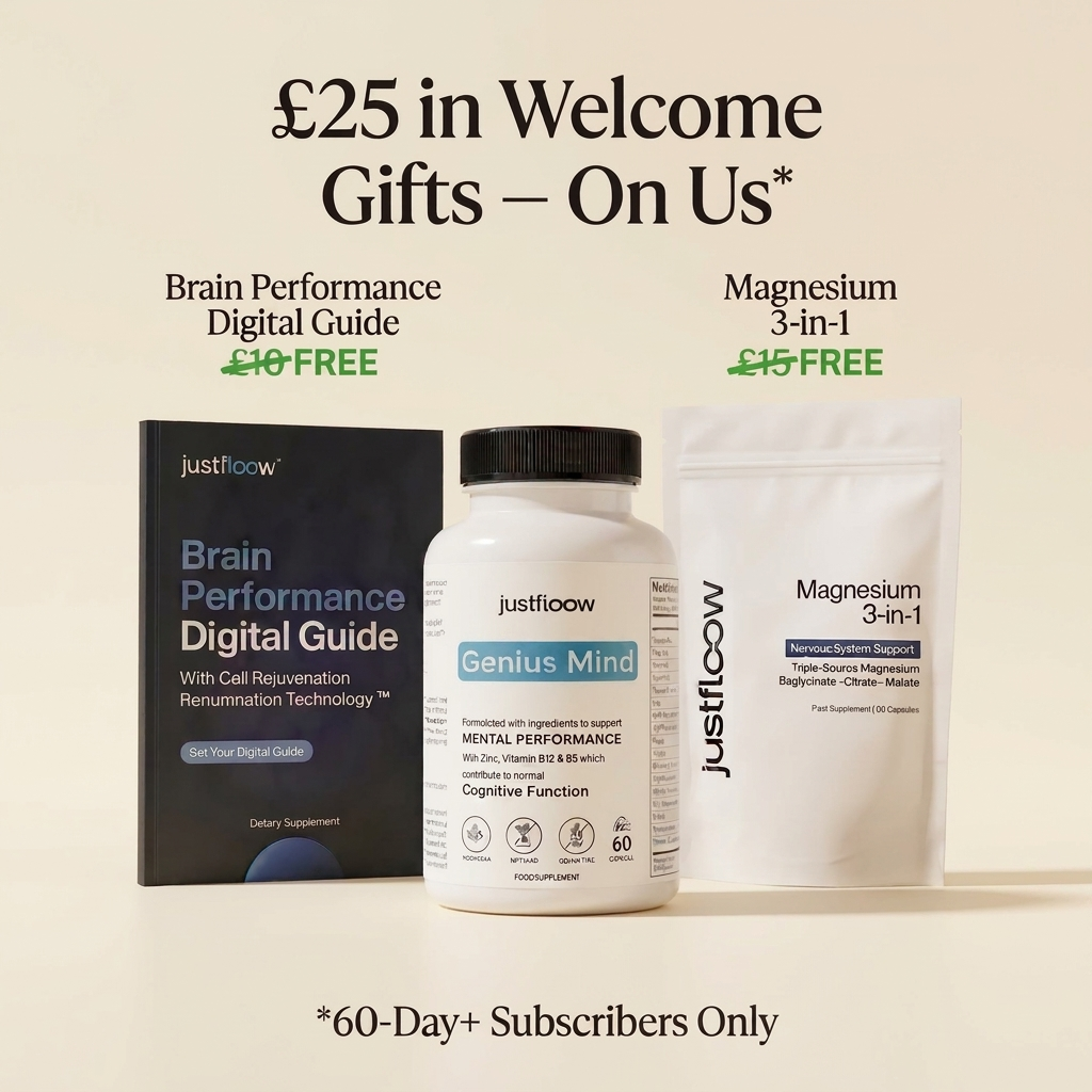 Three justfloow products: a Brain Performance Digital Guide, a bottle of Genius Mind, and a Magnesium 3-in-1 pouch.
