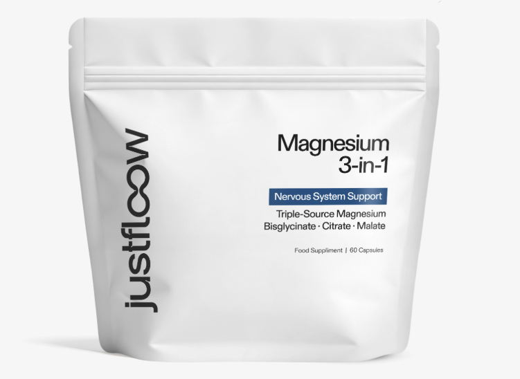 A white pouch of Justflow Magnesium 3-in-1, a food supplement for nervous system support with 60 capsules.