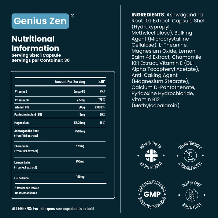 The nutritional information and ingredients label for Genius Zen, a dietary supplement.