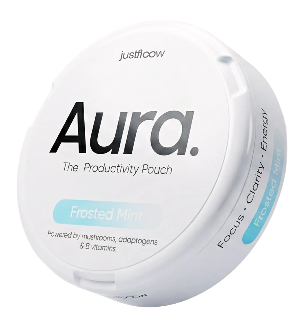 Round container labeled 'Aura' with 'Frosted Mint' flavor, focus and clarity attributes.