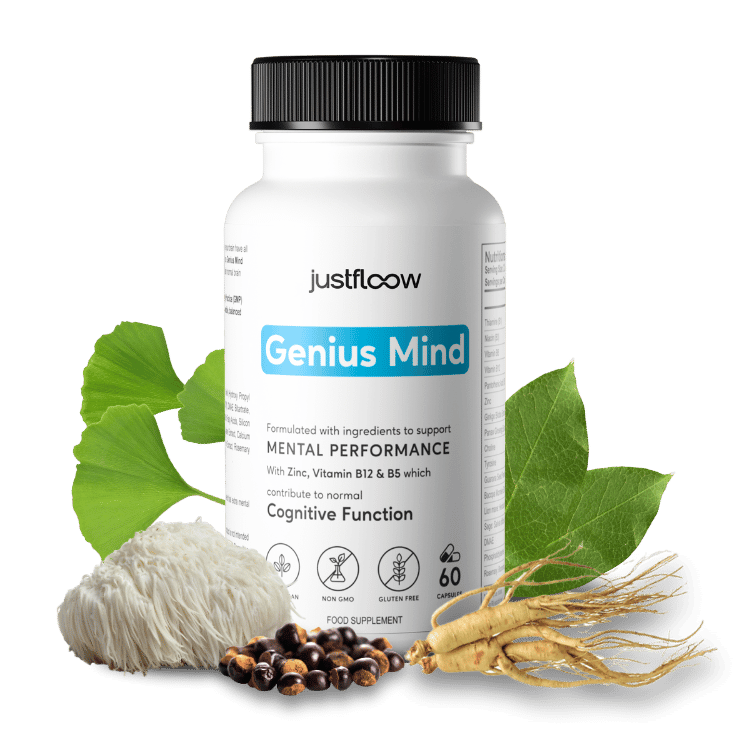 Supplement bottle labeled 'Genius Mind' with leaves and roots around it.