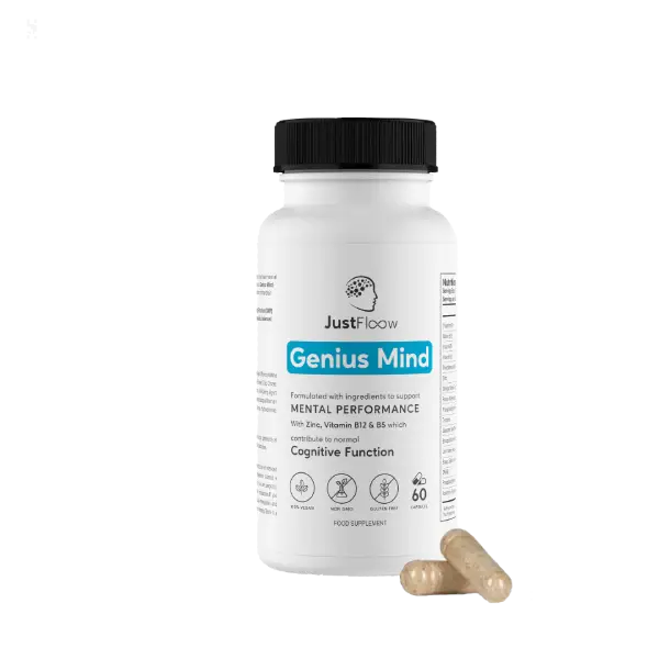 A white bottle of JustFloow Genius Mind food supplement with two capsules in front of it.