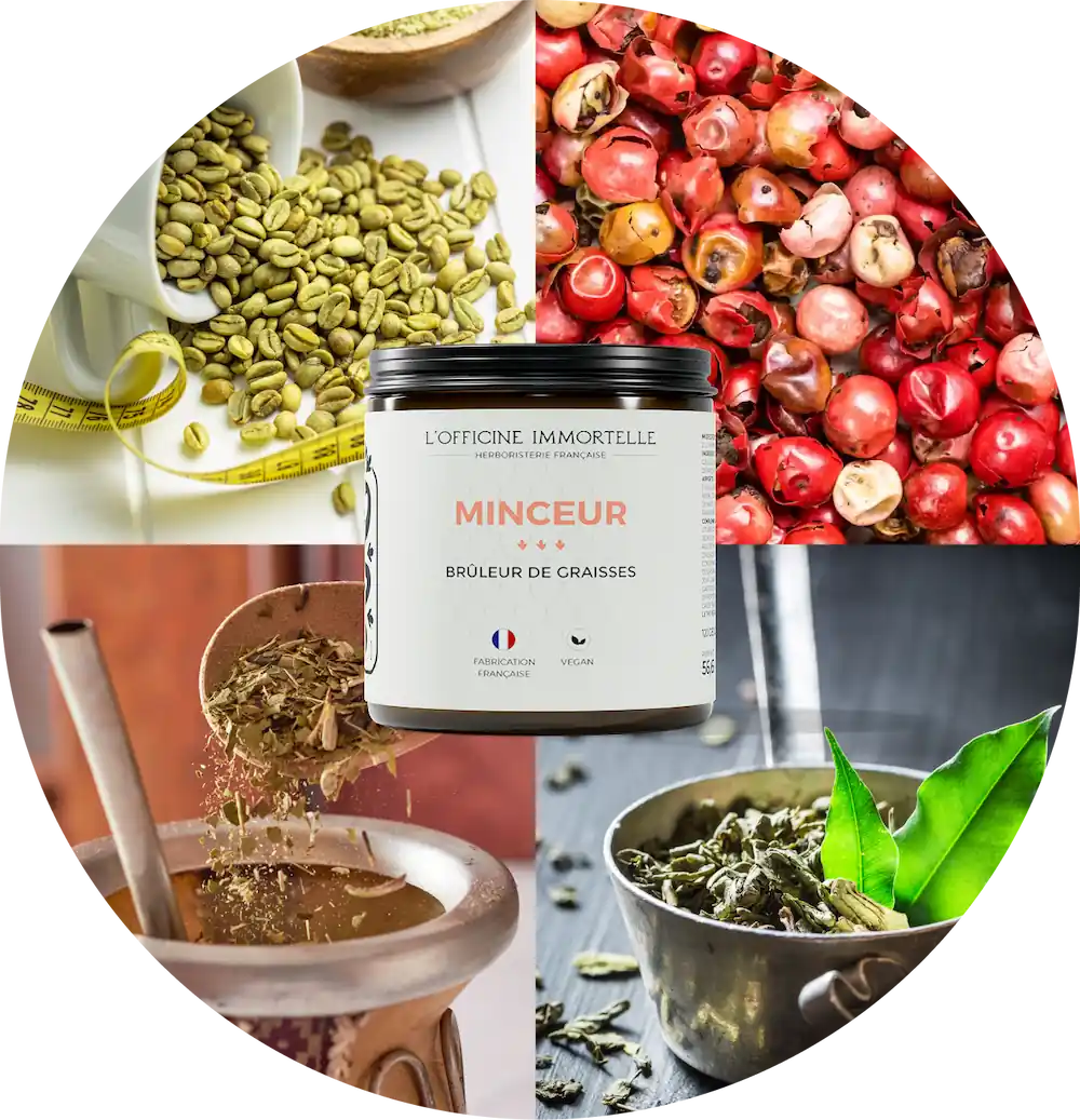 Collage of herbs, seeds, and a jar labeled 'Minceur' with French text.