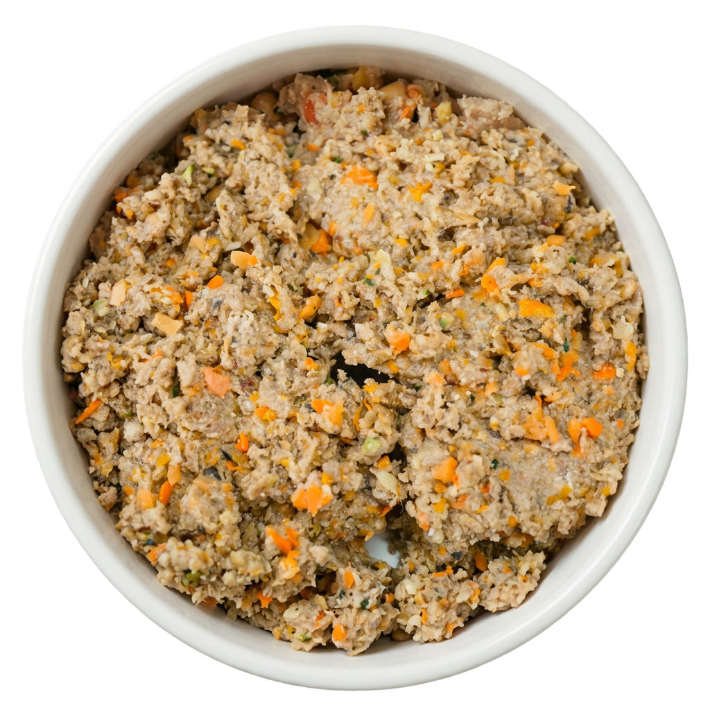 An overhead view of a white bowl filled with wet pet food mixed with chopped carrots.