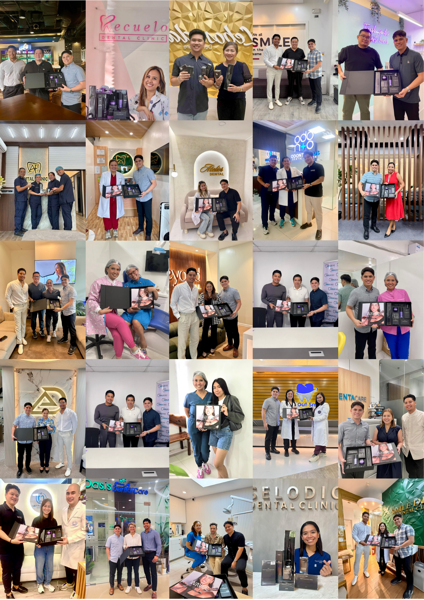 Collage of people posing with dental care products in various clinic settings.
