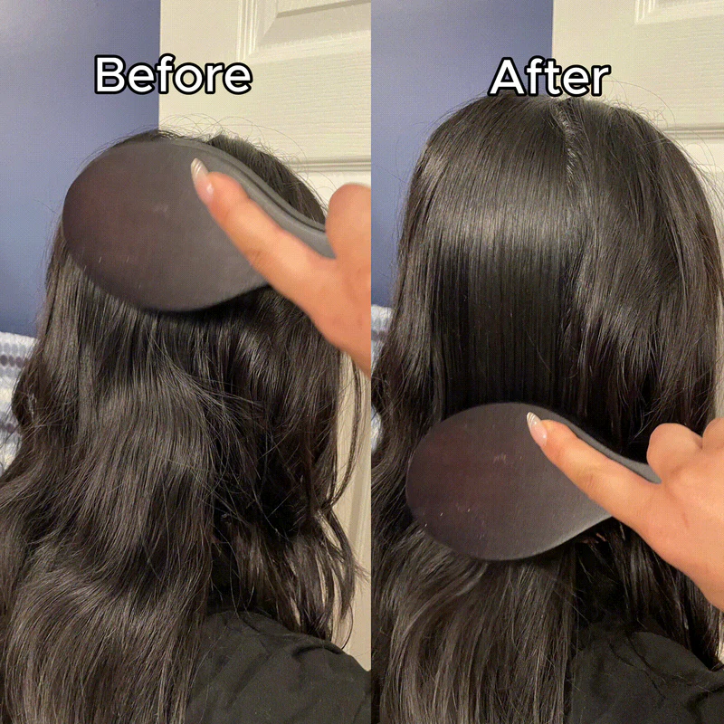 Side-by-side comparison of hair before and after brushing.