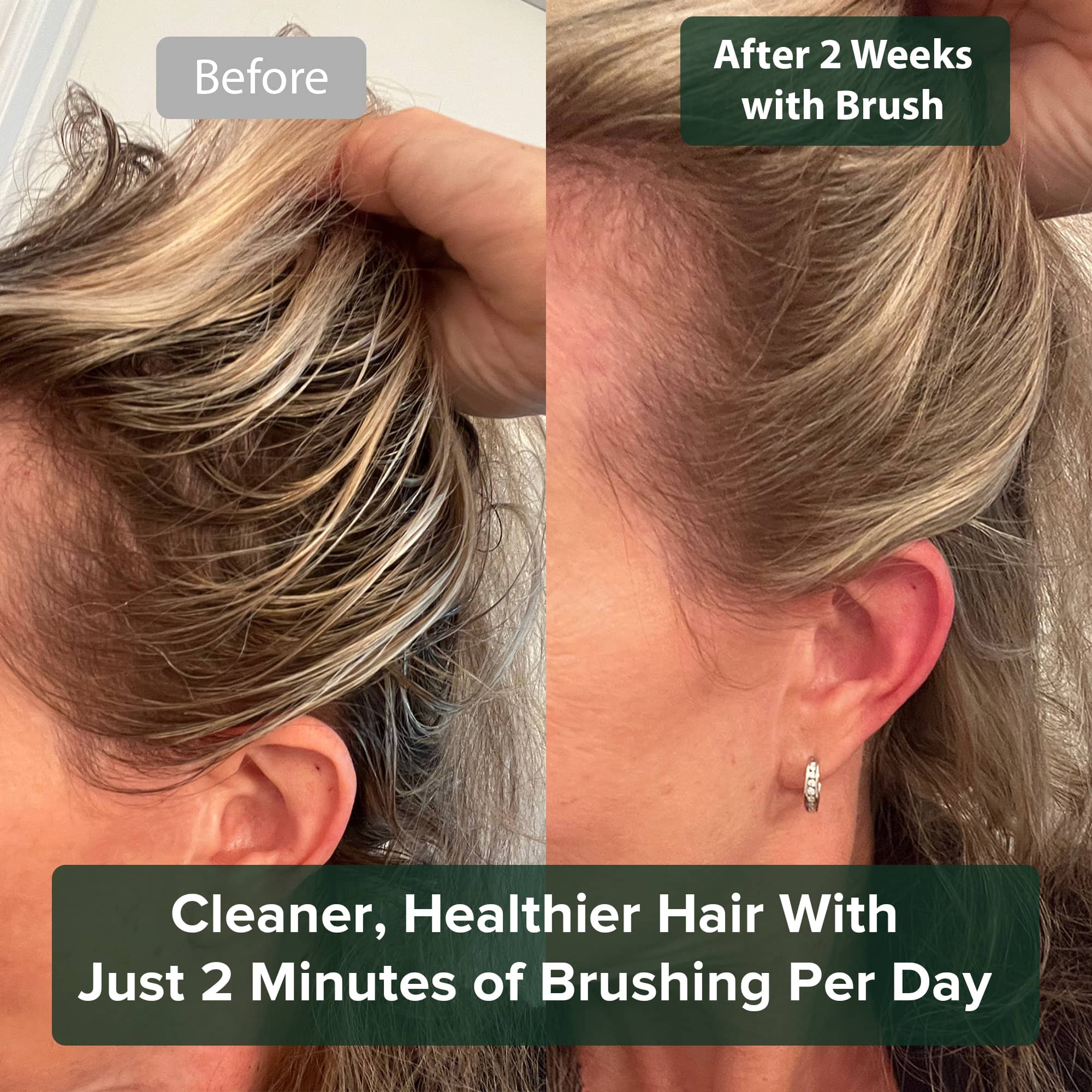 Side-by-side comparison of hair before and after two weeks of brushing.