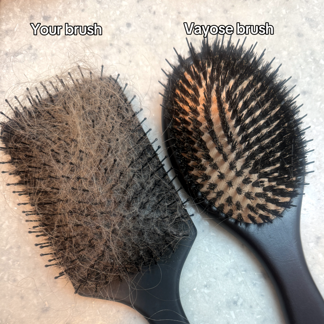 A side-by-side comparison of a hairbrush clogged with hair and a clean Vayose brush.