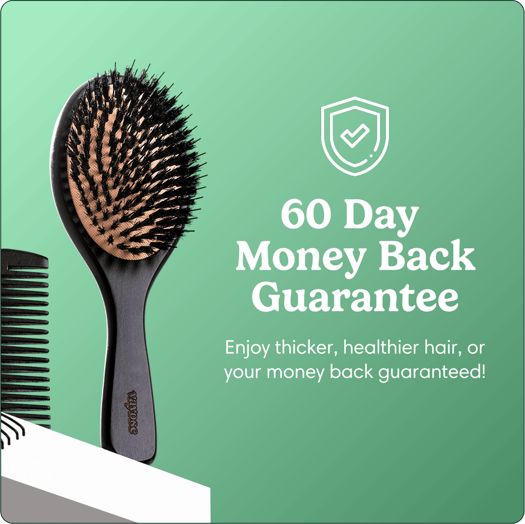 A black bristle hairbrush and comb against a green background with a 60-day money-back guarantee.