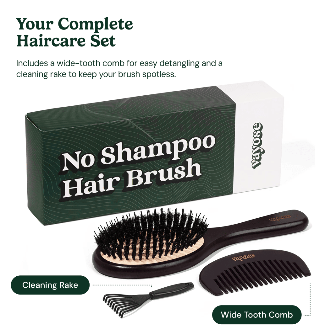 A complete haircare set including a boar bristle brush, a wide-tooth comb, and a cleaning rake with packaging.