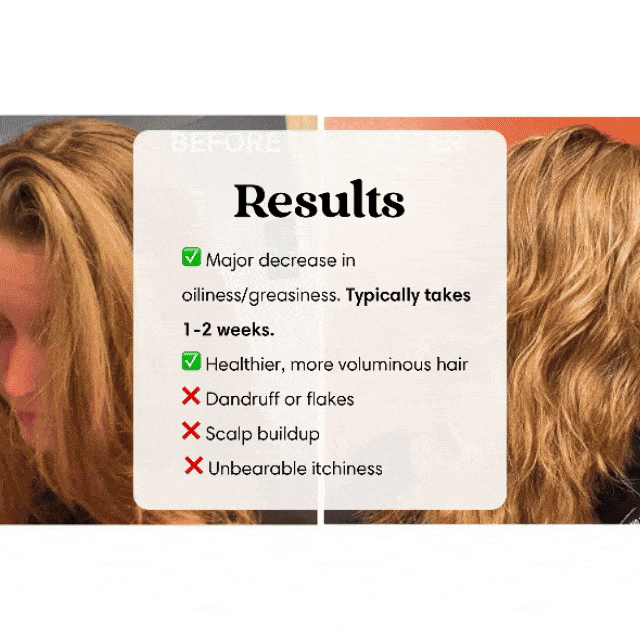 Comparison of hair before and after treatment with text listing results.
