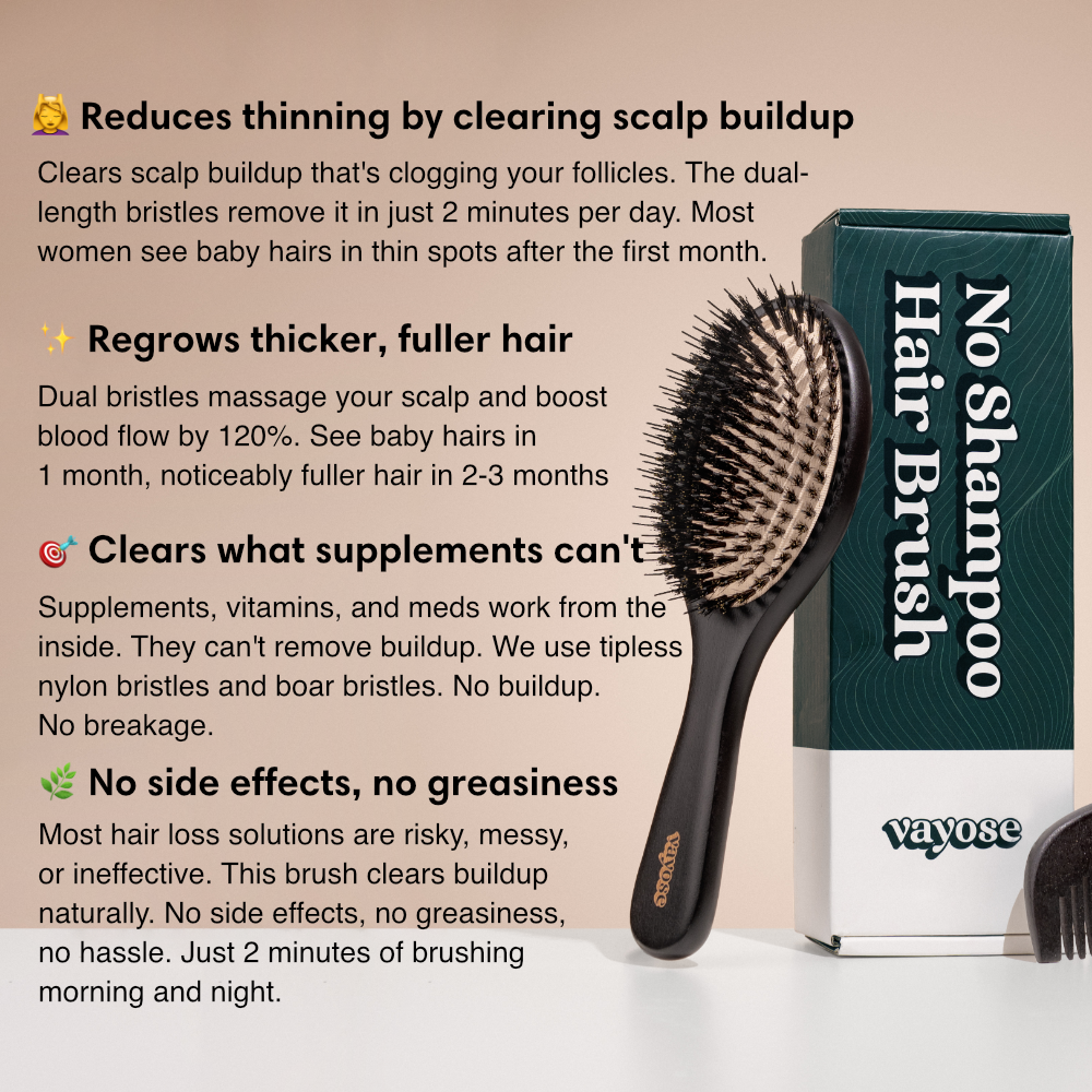 A Vayose hairbrush and its packaging are displayed next to text listing the product's benefits for hair.