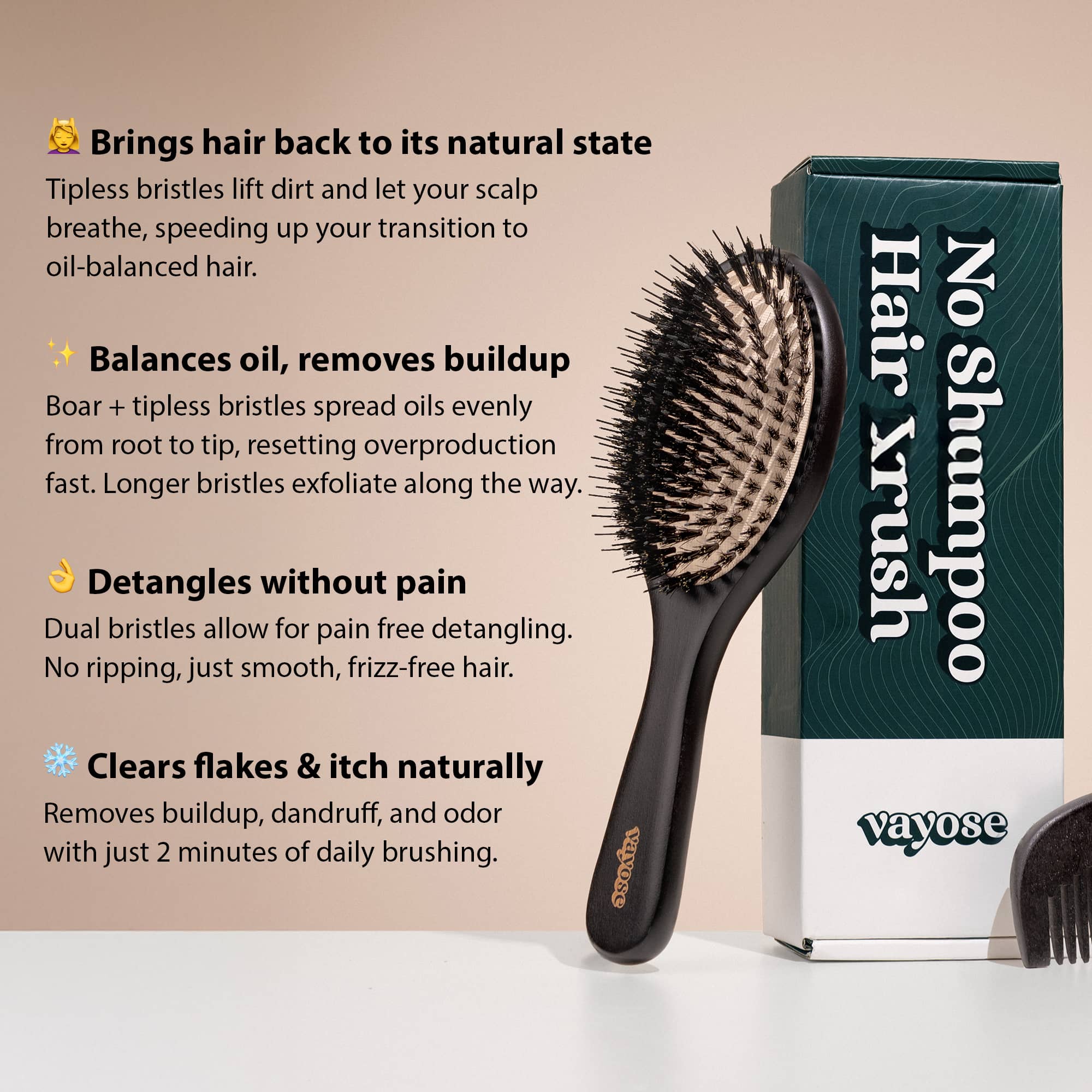Hairbrush with packaging and text describing its benefits.