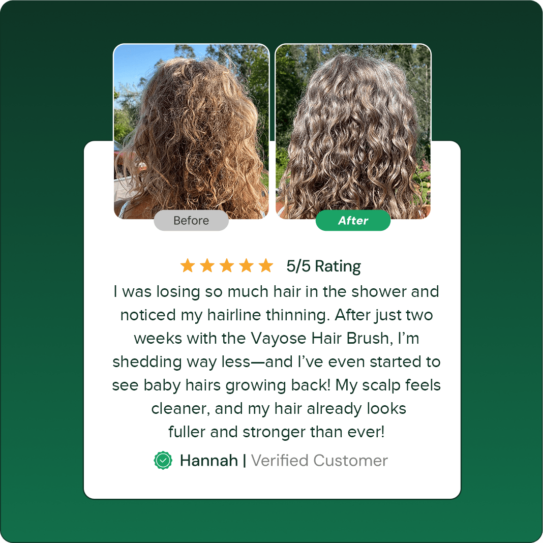 Before and after comparison of curly hair with a customer review.