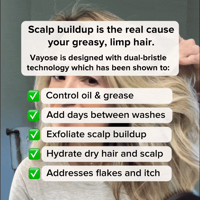 Woman holding hair with text about scalp buildup and hair care benefits.