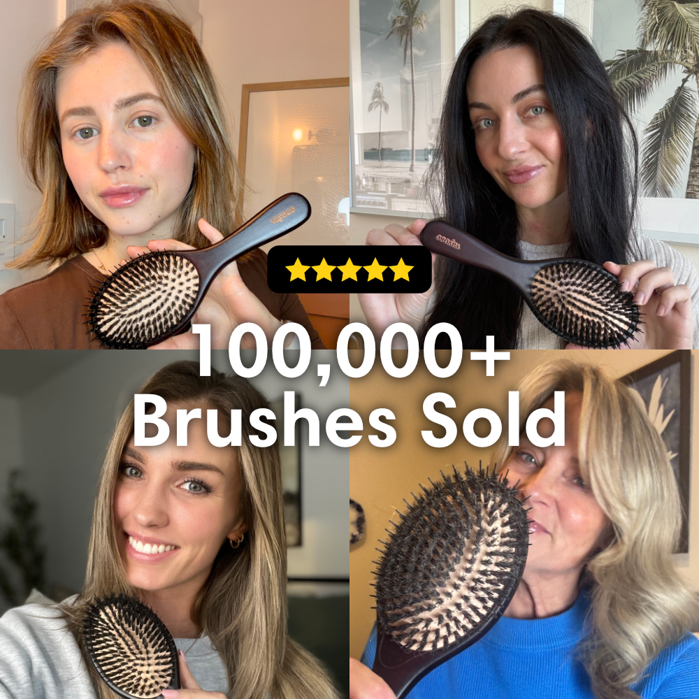 A collage of four different women, each holding a black bristle hairbrush, with text overlaying the image.