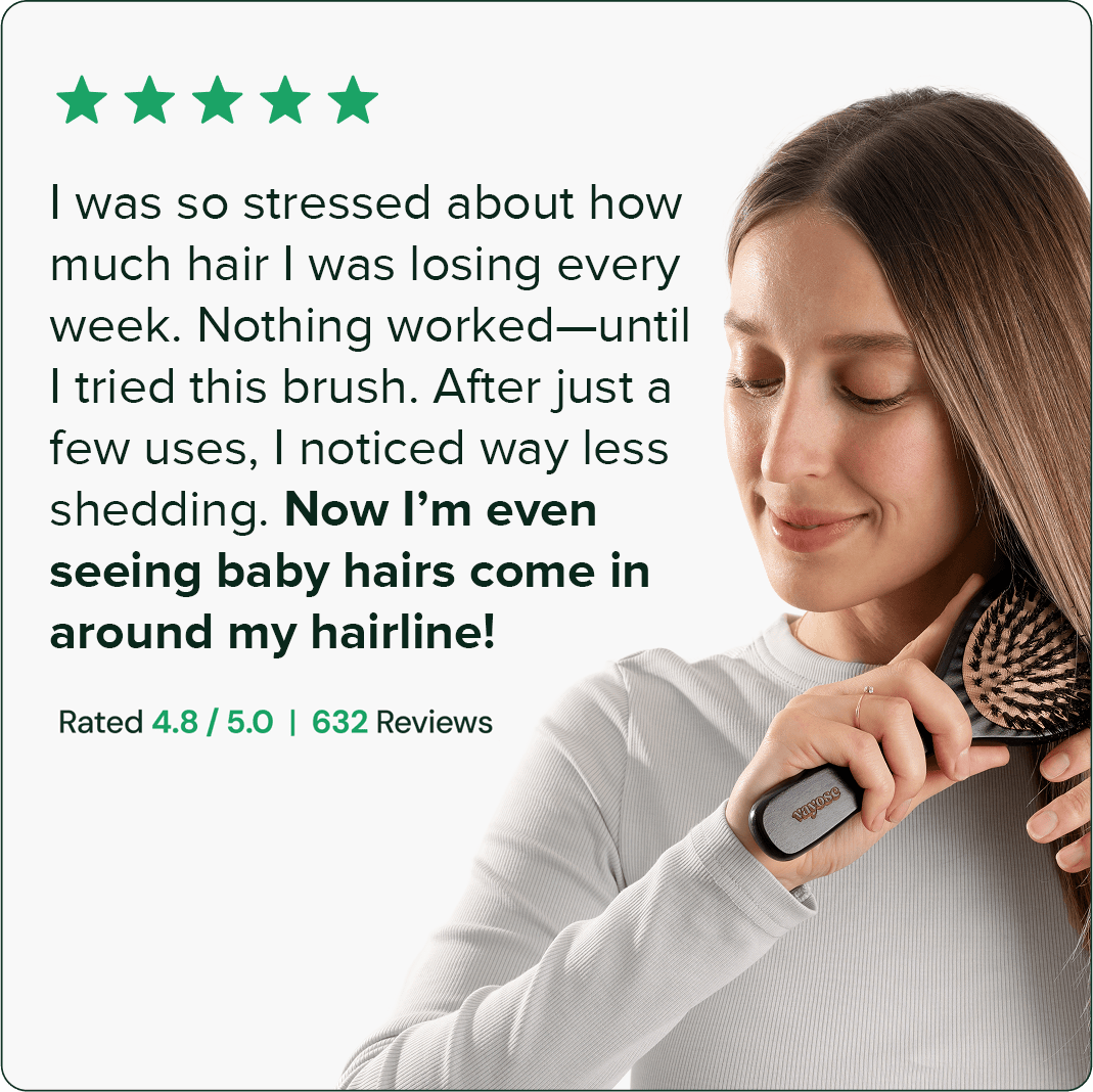 Woman brushing hair with text about hair loss and product reviews.