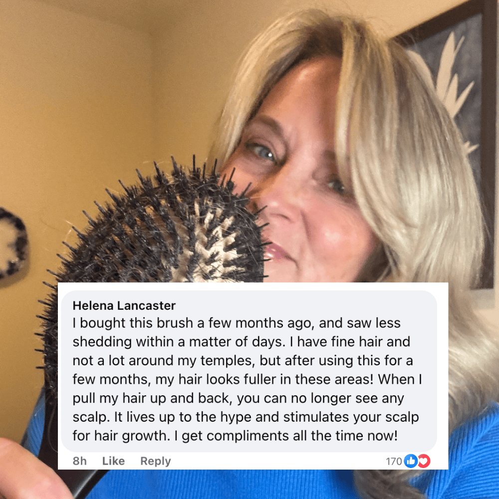 A blonde woman holds a round bristle hairbrush, with a text review of the product overlaid on the image.