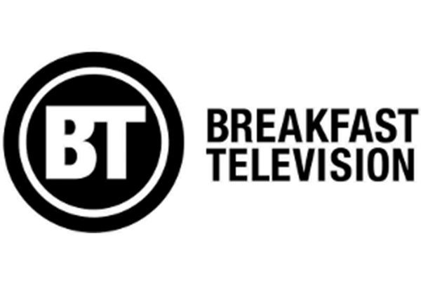 'Black and white Breakfast Television logo with 'BT' letters in a circle.'