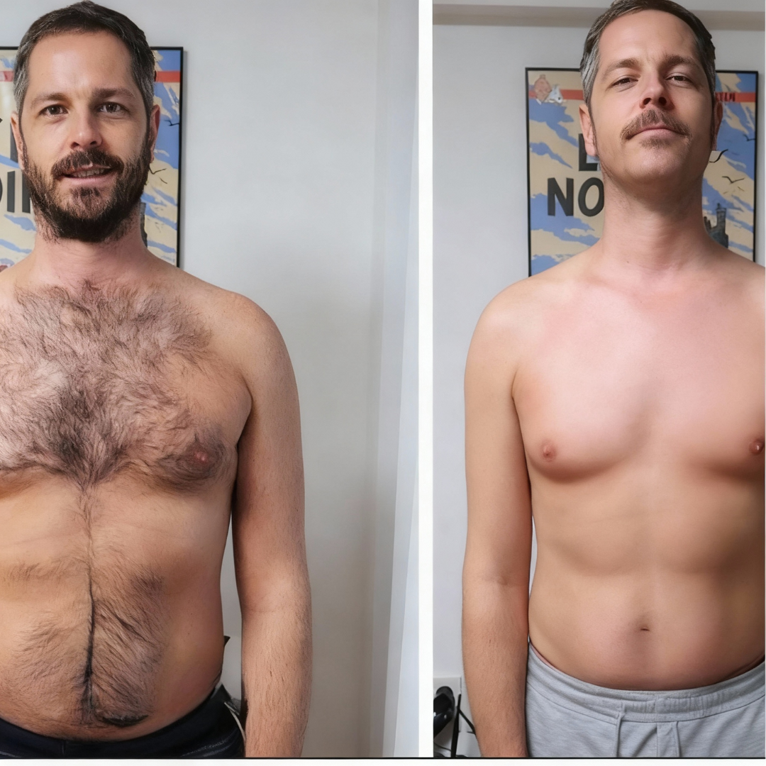 Two side-by-side images of the same man shirtless, showing body changes.