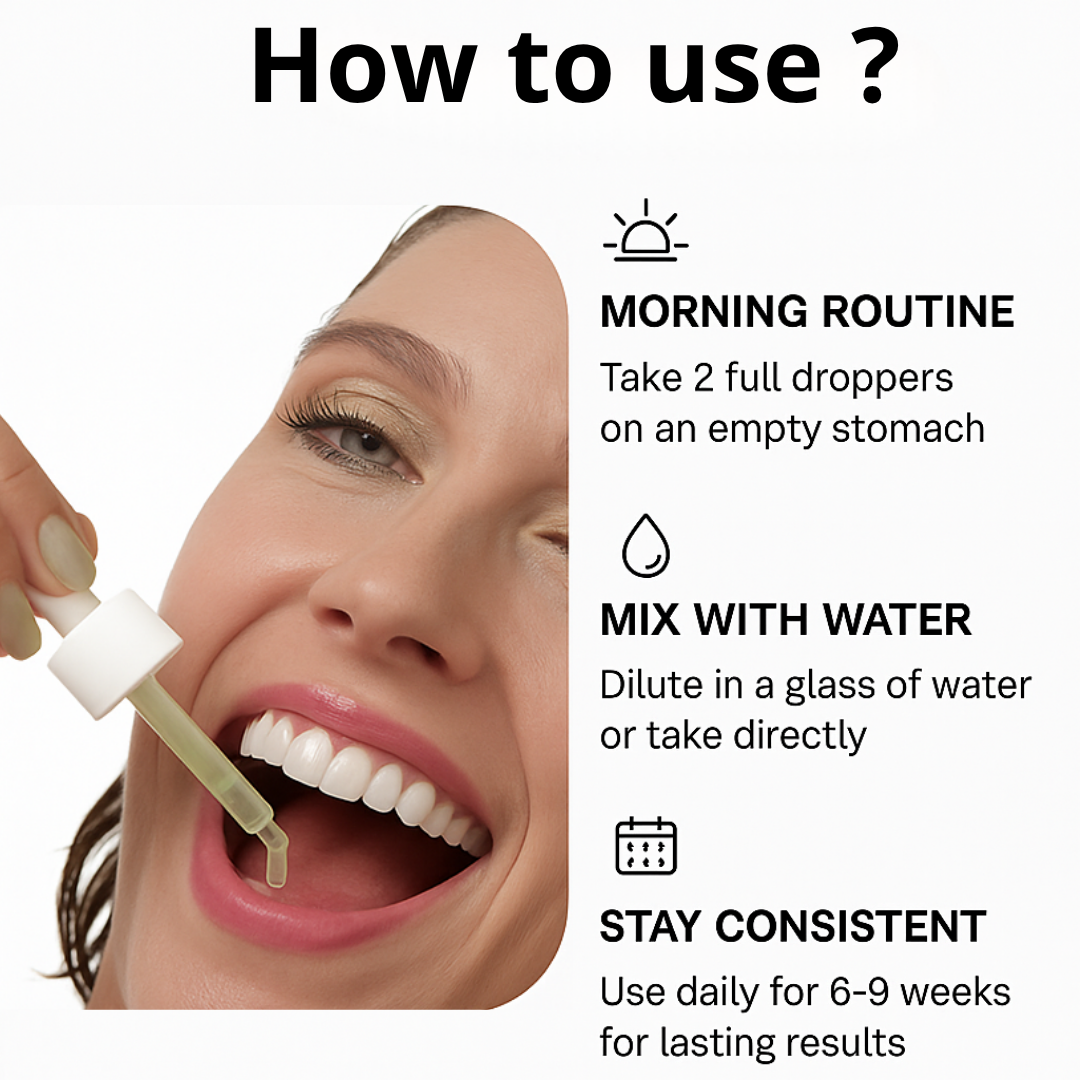 Woman using a dropper near mouth with instructions on the right.