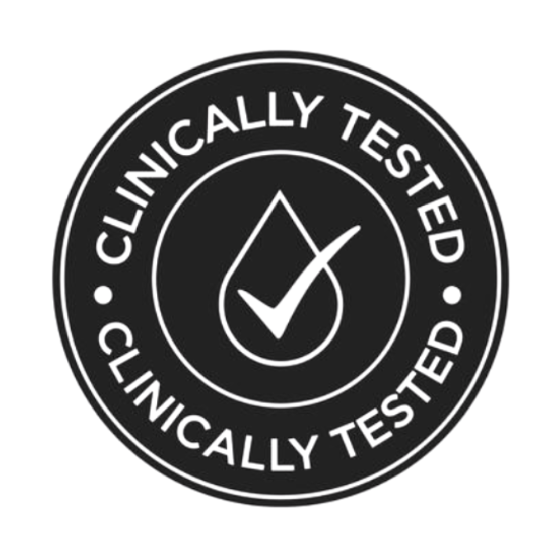 Black circular badge with 'Clinically Tested' text and checkmark inside a drop.