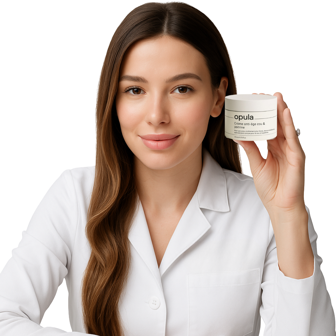 Person in white coat holding a skincare product jar labeled 'Opula'.
