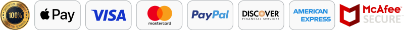 Payment method icons including Apple Pay, Visa, Mastercard, PayPal, Discover, American Express, and McAfee Secure.