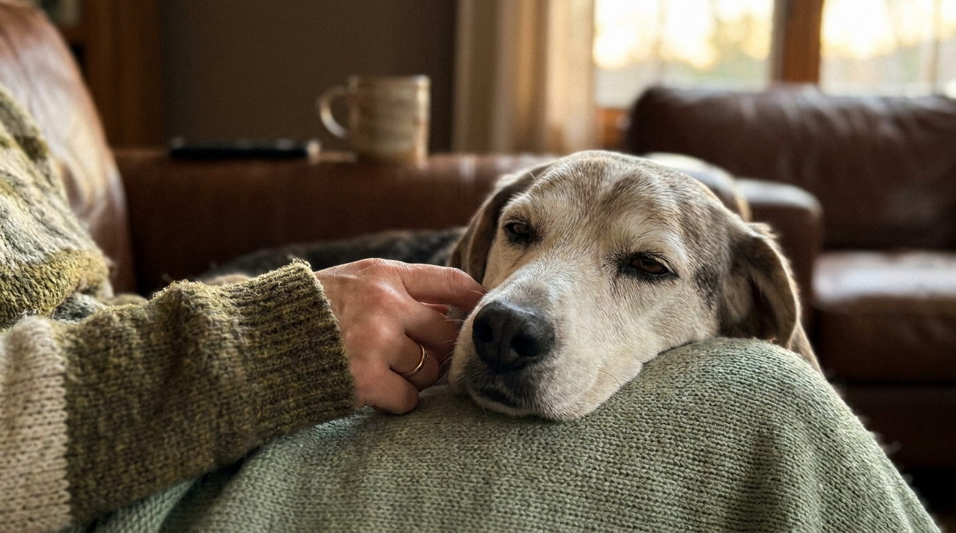 A person in a sweater pets an older dog resting its head on their lap.