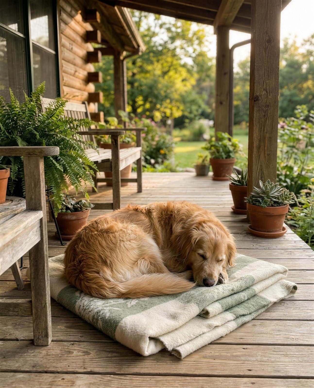 A golden retriever sleeps on a blanket on a rustic wooden porch surrounded by potted plants.