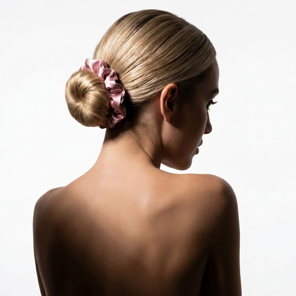 The back of a woman with blonde hair in a neat bun, held by a pink silk scrunchie.