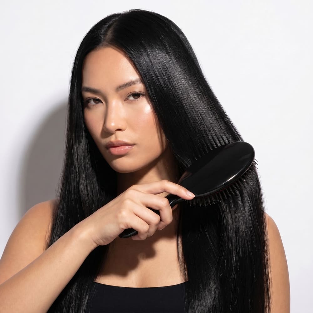 A woman with long, straight, shiny black hair is brushing it with a black brush against a white background.