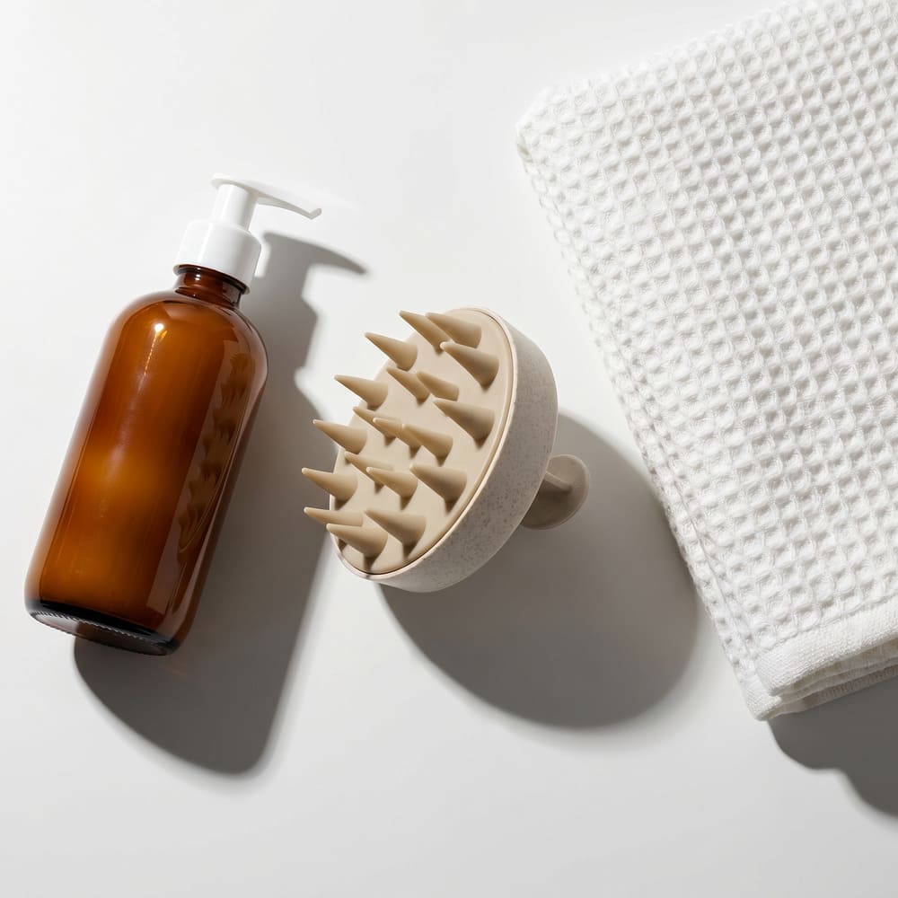 An amber pump bottle, a scalp massager, and a white waffle towel on a white surface.