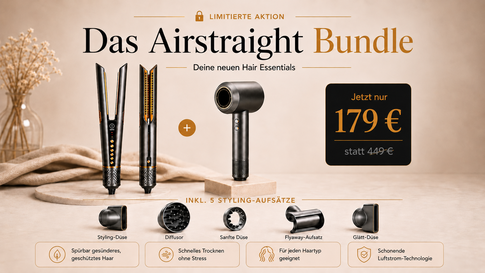 An advertisement for a hair styling bundle including a hair straightener, a hairdryer, and multiple attachments.