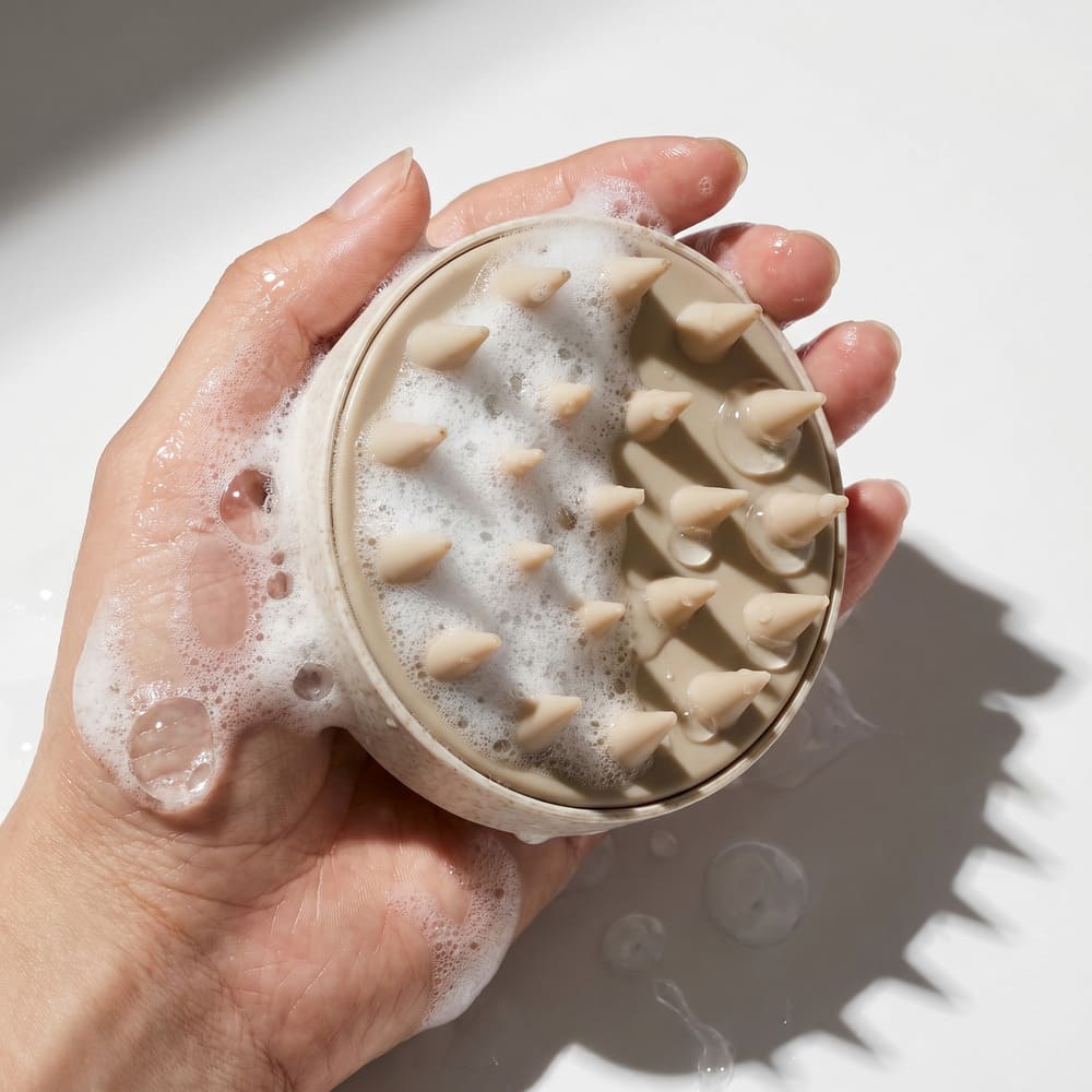 A hand holds a sudsy, beige scalp massager against a white background.