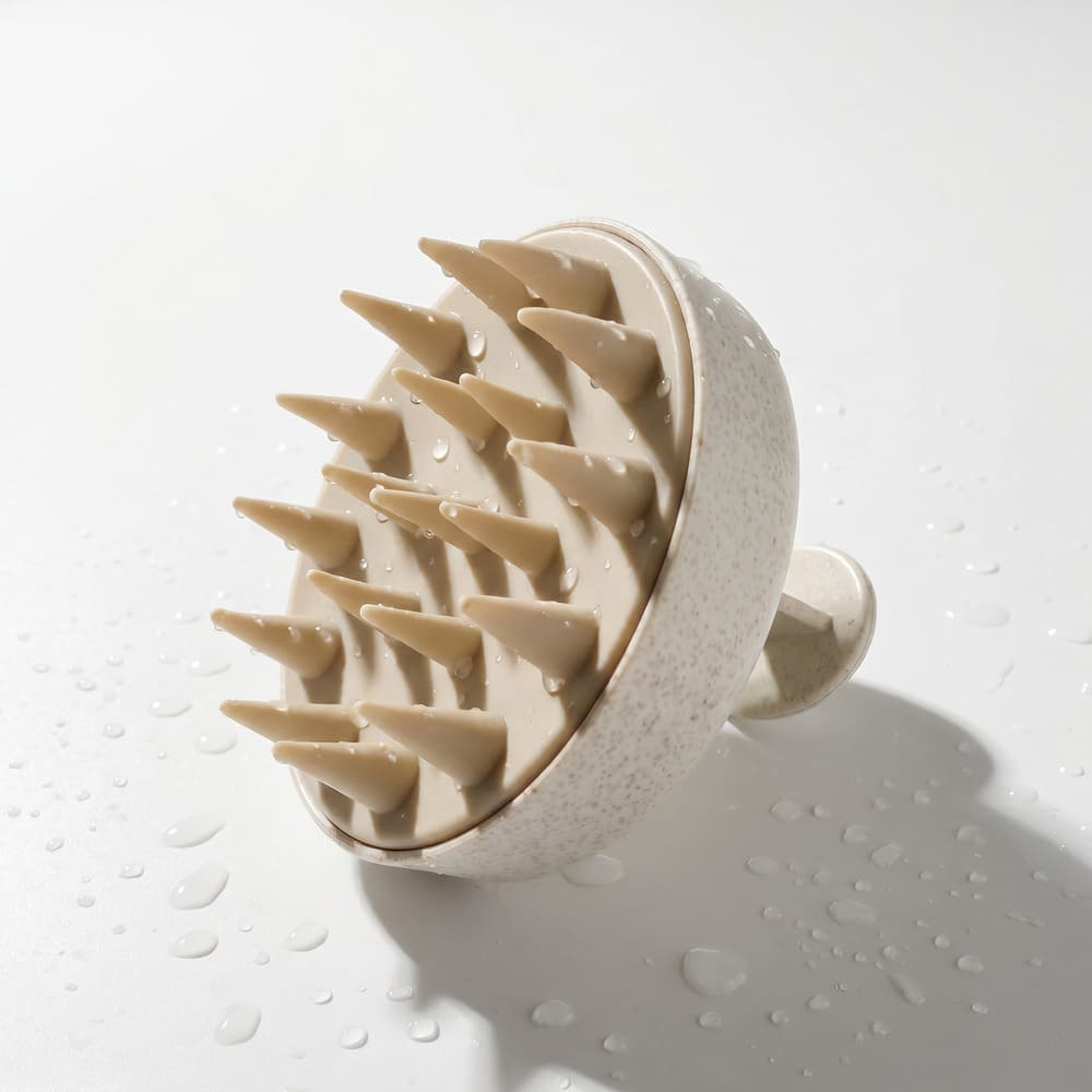 A beige, speckled scalp massager with soft conical bristles sits on a wet white surface.