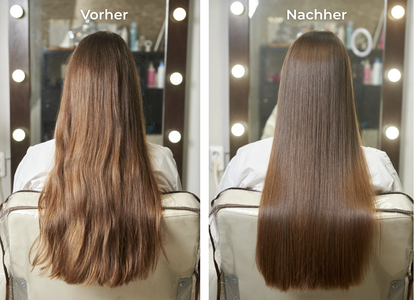 Side-by-side comparison of wavy and straightened long brown hair.
