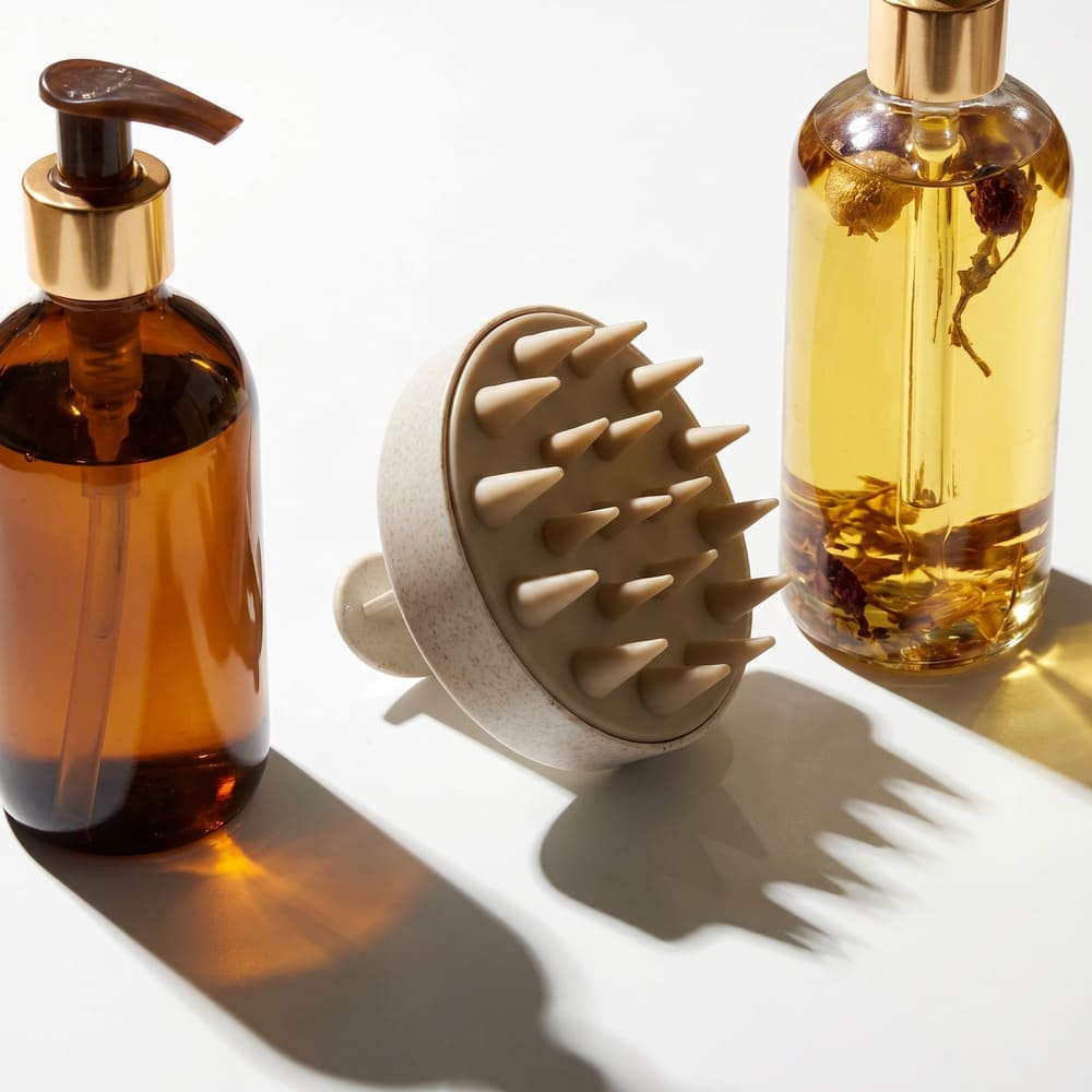 A scalp massager lies on a white surface between an amber pump bottle and a bottle of oil.