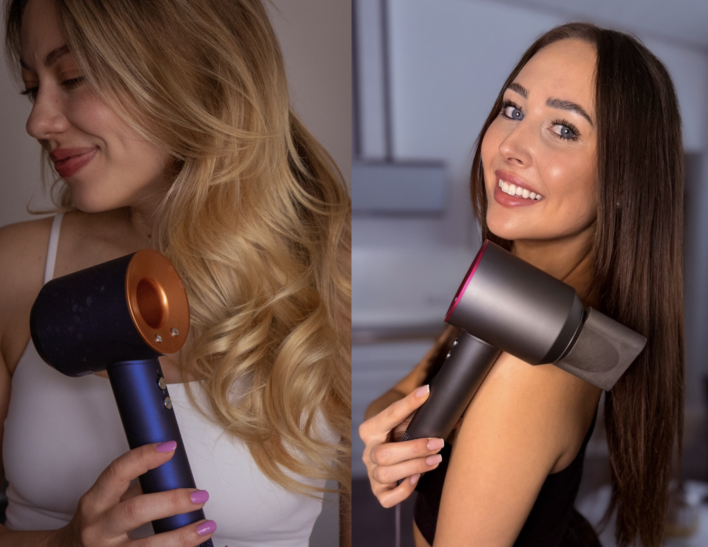 Two women smiling, each holding a modern hairdryer, with styled hair.