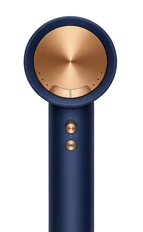 A blue and gold handheld device with buttons and circular head.