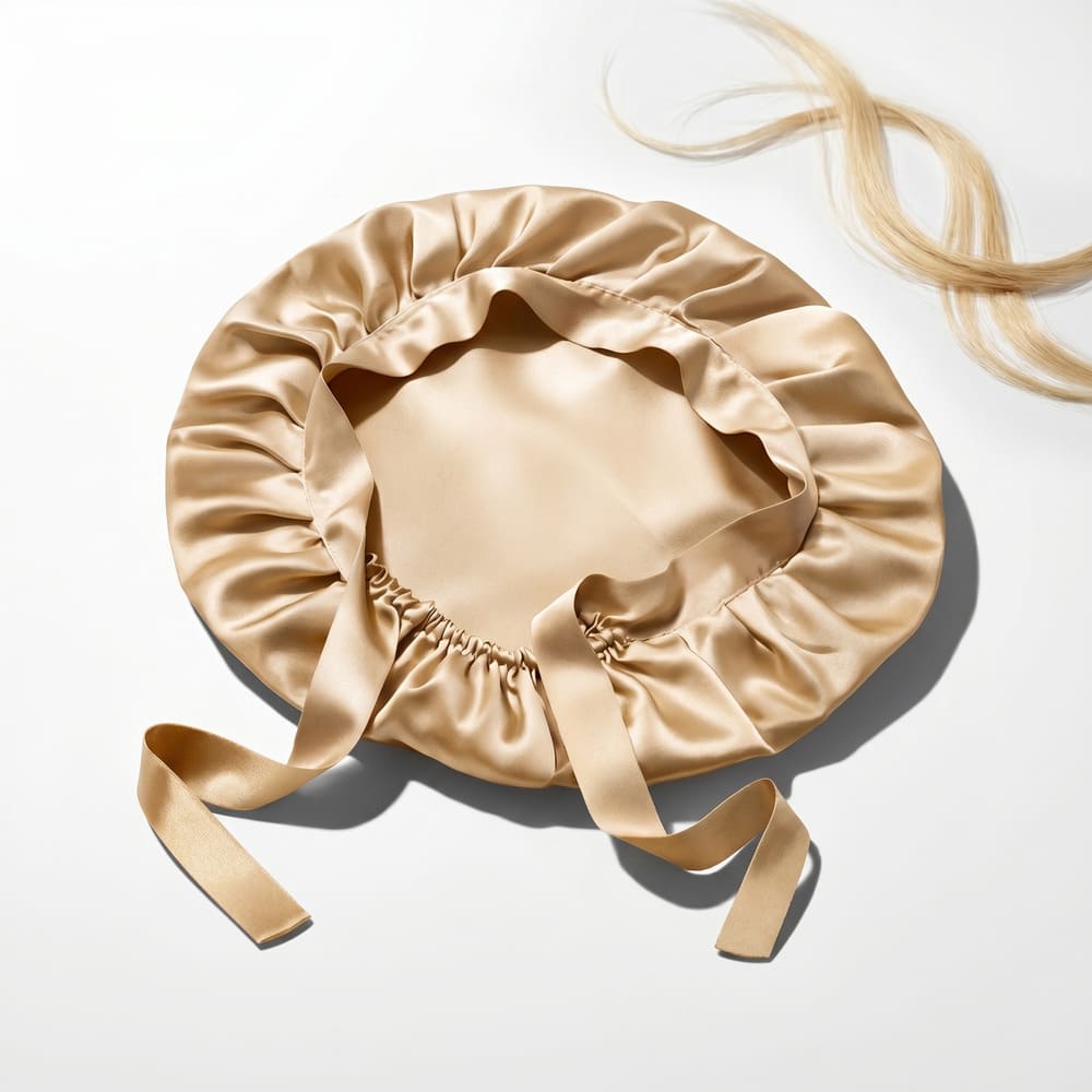 A gold-colored satin hair bonnet with ties lies flat on a white surface next to a lock of blonde hair.