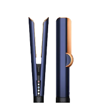 Two blue and gold hair styling tools on a white background.