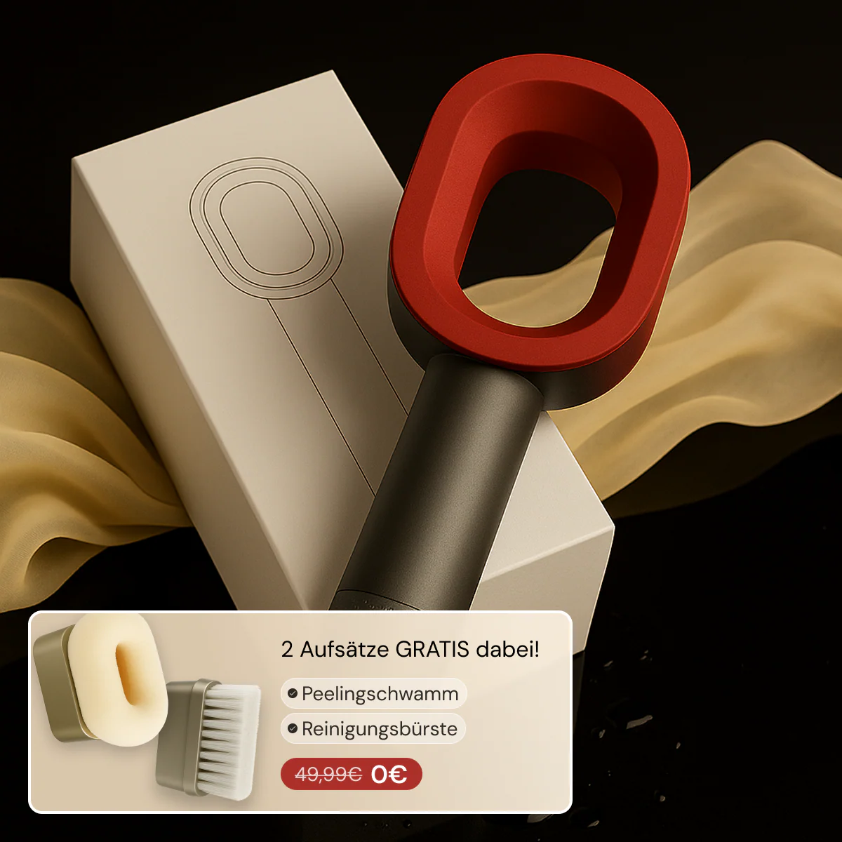 Red and black handheld device on a box with cream fabric background.