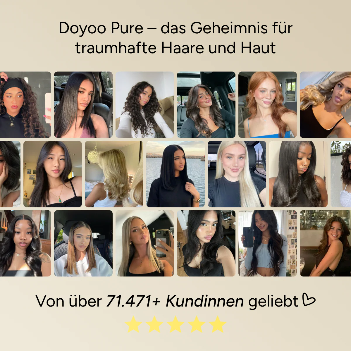 Collage of diverse women with various hairstyles, promoting hair and skin product, text in German.
